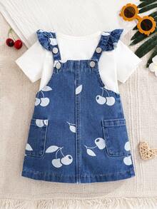 Falda peto de mezclilla lavada con estampado completo de cerezas para niñas pequeñas de moda informal - Azul - Ver 8