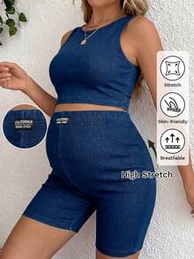 SHEIN Maternity Round Neck Cropped Tank Top And Letter Print Denim Shorts 2 Pieces Set Summer Carnival Costume Commuting Vacation Graduation Chic Y2k Cute Streetwear Coquette Party Wedding Elegant Business Casual Woman Business Beach Graduation Casual Women Denim Blue Biker Shorts And Crop Top Set Perfect For Active Wear - Blue - View 6