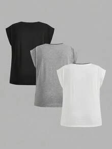 EMERY ROSE Bộ 3 món áo vest nữ cỡ lớn kiểu dáng thường ngày trang trí vỏ sò, thích hợp cho kỳ nghỉ hè. - Nhiều màu - Xem 2