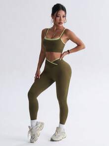 Dewbera Dewbera 無縫高彈性女款健身保守運動休閒日常運動腰收臀提套裝 橄欖綠 夏季 - 軍綠色 - 查看 6