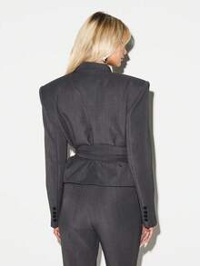 KIZN Blazer croisé ceinturé pour femmes avec revers et épaules structurées pour le bureau, le travail, l'automne et l'hiver - Gris - View 3