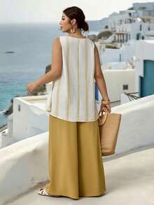 Parysyn Moda de verano de talla grande, nuevo conjunto de dos piezas de blusas y pantalones de verano para damas - Amarillo - Ver 2