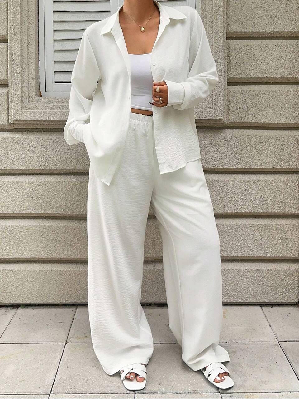 Dazy Plus 2pcs/Set Casual Loose Long Sleeve Shirt Top And Wide Leg Pants, Commuting Outfit For Plus Size Women, Spring/Summer, White