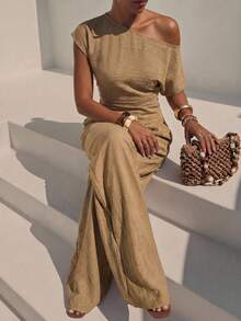 Zivah Neuer eleganter Sommer Khaki Leinen Schulterfreie Rüschen Bluse + Weite Bein Lang Hose Damen Zweiteiler. Perfekt für den täglichen Gebrauch, Einkaufen, Reisen, Urlaub, Pendeln, Brunch, Dates, Flughafen Outfits, Festivals, Musikfestivals, Konzerte, Western, Nomadisch, Schulanfang, Nachmittagstee. - Khaki - Übersicht 5