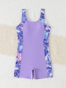 SHEIN 少女碎花连体泳衣，适合游泳、夏季度假、海滩和泳池穿着 - 紫色 - 查看 6
