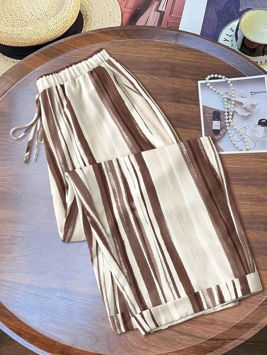 EMERY ROSE Plus Size Women Vintage Striped Print Wide Leg Pants, Loose Relaxed Fit, Lightweight For Spring/Summer Fall - Multicolor - View 1