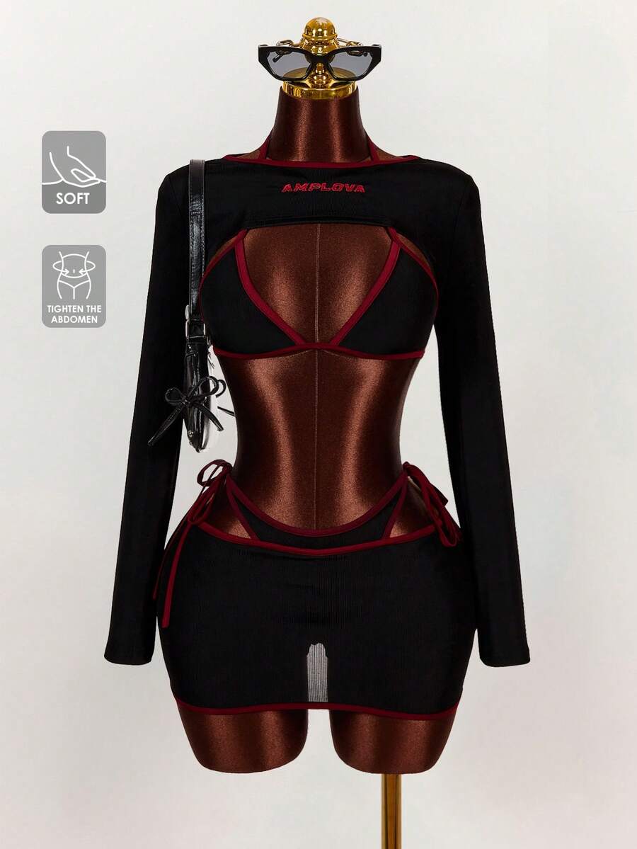 Amplova 2026新款女士运动学院风长袖露脐上衣、吊带背心和紧身迷你裙套装 - 黑色 - 查看 1
