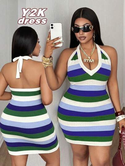 Maweii 女士休闲简约日常优雅旅行度假野餐沙滩复古无袖深V领露背系带蝴蝶结彩色条纹撞色收腰显瘦短款针织连衣裙，春夏