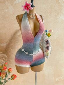 Soleia Women's Ombre Deep V-Neck Sexy Halter Knit Romper - Multicolor - View 1