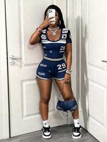 BamGleam 女士字母印花短袖T恤和短裤休闲两件套 - 藏蓝色 - 查看 3