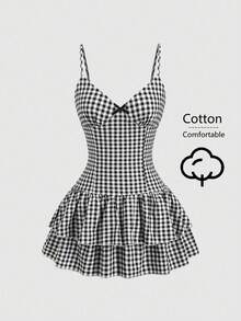 SHEIN Sweetro Đầm ngắn nữ kẻ caro thắt nơ, kiểu dáng mùa hè - Đen và trắng - Xem 1