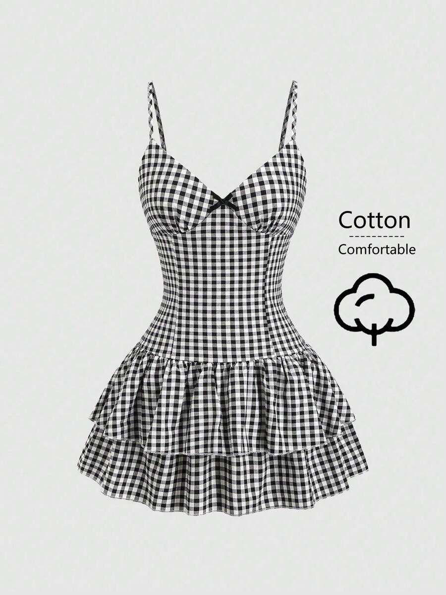 SHEIN Sweetro Đầm ngắn nữ kẻ caro thắt nơ, kiểu dáng mùa hè - Đen và trắng - Xem 1