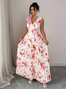 Vestido plisado de línea A de color crema amarillento, talla grande, con escote en V, sin mangas, cintura ceñida, sofisticado - Rosa - Ver 4
