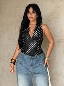 Rustia 夏季新款优雅度假法式可爱甜美波点印花露背深V领连体裤，收腰设计，露背沙滩装 - 黑與白 - 查看 7