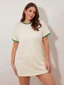SHEIN BASICS 大码夏季休闲撞色滚边迷你连衣裙 - 綠色 - 查看 6