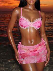 Vaytide Pink Lace Trim Sexy Women's Bikini Swimwear With Skirt, Suitable For Beach In Spring/Summer - Pink - View 1