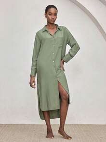 Ocili Soft & Comfortable Mandarin Collar Long Sleeve Maxi Dress With Shell Buttons, Viscose & Cotton Blend Sleepwear For Women - Dark Green - View 2