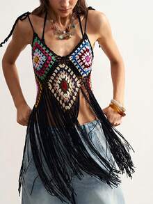 SHEIN BohoFeels Women's Crochet Hollow Out Fringe Camisole Top, Suitable For Beach Vacation - Multicolor - View 1