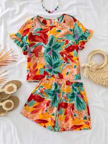 Tween Girls Summer Beach Vacation Tropical Floral Print Round Neck Ruffle Sleeve Top Shirt And Loose Shorts Woven T-Shirt Set - Multicolor - View 3