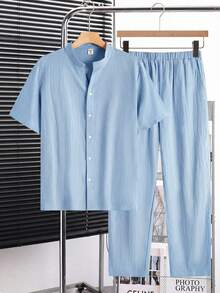 SHEIN Ensemble 2 pièces chemise à manches courtes et pantalon pour adolescents, col montant, décontracté, ample, polyvalent et confortable, rapport qualité-prix intéressant - Bleu ciel - Voir 8
