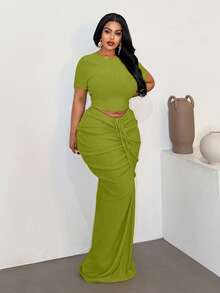 Maweii Plus Size Sexy Fitted Beach Ruched Skirt 2 Pieces Set - Green - View 4