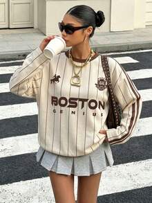 Muchica 女士休闲浅黄色圆领长袖卫衣，搭配撞色棕色领子和条纹袖子。马匹印花增添复古、学院风、经典、时尚、青春和街头潮流气息。面料顺滑舒适，是秋季的理想之选。 - 彩色 - 查看 3