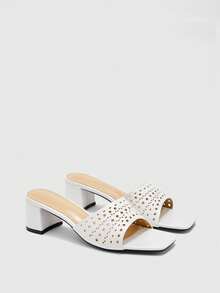 CUCCOO BIZCHIC Ladies Burgundy Hollow Upper High Heel Sandals, Square Toe Comfort High Heel Sandals Commuter Style Sandals Summer Shoes - White - View 2