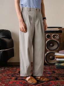 VeloEdit Gery Color Men's Casual Everyday Workwear Minimalist Solid Color Slant Pocket Pleated Long Pants Men Pants Dress High Waisted Pants Oversized Pants Pleated Suit Pants Grey Pants Old Money Daily Leisure, Boyfriend/Husband Gift, Father's Day For Father Summer - Light Grey - View 4