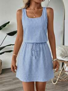 Easowa Blue Faux Mechanical Striped Casual Printed Mini Dress, Suitable For Spring/Summer & Vacation - Multicolor - View 4