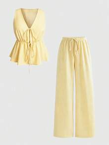 Sweetra Bộ 2 món áo không tay cổ bẻ in họa tiết kẻ sọc thêu và quần short cạp chun dáng casual dành cho nữ, thích hợp cho mùa xuân/hè. - Màu vàng - Xem 1