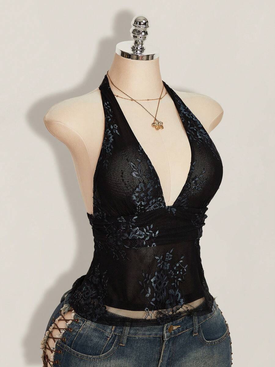 SHEIN ICON Y2k 女士黑色性感哥特风露背俱乐部演唱会蕾丝吊带深V领收腰A字露背吊带衫，夏季 - 黑色 - 查看 1