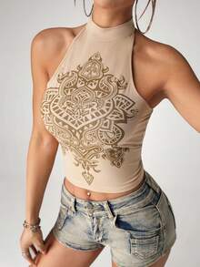 SHEIN ICON 女士时尚几何印花无袖度假背心 - 杏色 - 查看 5