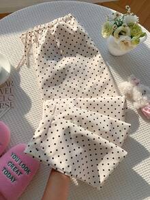 Comfortcana Plus Size Women Loose Apricot Polka Dot Knitted Drawstring Wide Leg Pants - Apricot - View 3