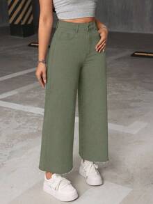 SHEIN ICON 大码女式休闲日常通勤简约纯色宽松阔腿牛仔裤 - 軍綠色 - 查看 7