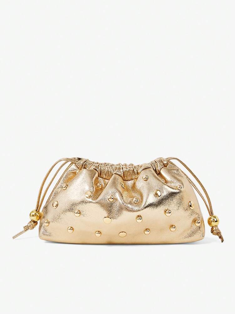 SHEIN Maija Ladies, Women Clutches, Drawstring Clutch, Faux Leather, Gold With Gold Rivets, Fashionable, Elegant, Simple, Personalized, Versatile, Classic, For Commute, Office, Date, Daily, Shopping, Afternoon Tea