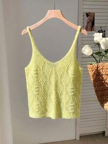 Franclia Lightweight Hollow-Out Knit Sleeveless V-Neck Vest Top, Retro Waistcoat For Summer - Light Yellow - View 2