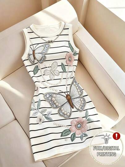 SHEIN LUNE 2026夏季新款法式浪漫通勤仿刺绣蝴蝶花卉串珠条纹无袖吊带连衣裙女款修身圆领白色紧身迷你连衣裙日常度假风