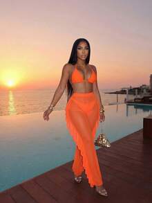 Slaydiva Bộ bikini gợi cảm cho kỳ nghỉ biển năm 2026 + Quần co giãn xếp ly độc đáo, Bộ 3 món gợi cảm, Bộ 3 món thanh lịch, Bộ 3 món cho kỳ nghỉ biển. - Màu Cam cháy - Xem 5