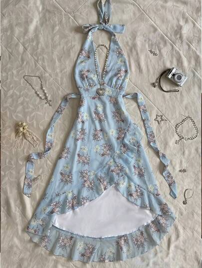 Glimmora Women's Summer Vacation Ditsy Floral Halter Neck Dress