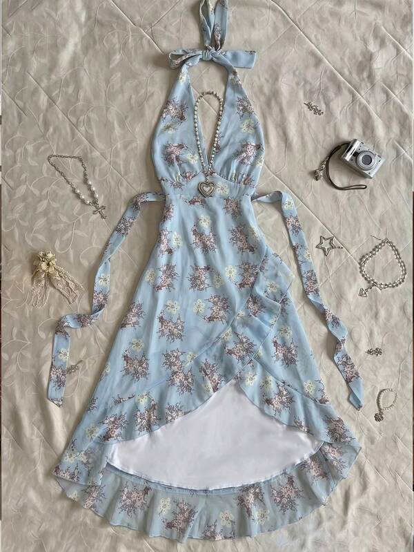 Glimmora Women's Summer Vacation Ditsy Floral Halter Neck Dress
