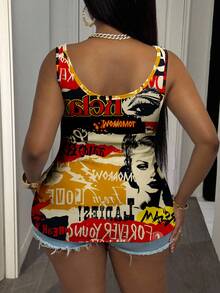 Slaydiva Plus Size Women V-Neck Casual Tank Top With Letter & Figure Print Women's Tops For Summer - Multicolor - View 2