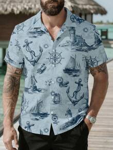 VIVINTIMO Men's Summer Vacation Anchor Print Button Front Short Sleeve Shirt, Holiday - Dusty Blue - View 2
