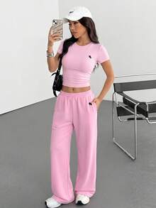 SHEIN EZwear 2 st/set rosa matchande loungekläder för kvinnor - Rosa - Visa 3