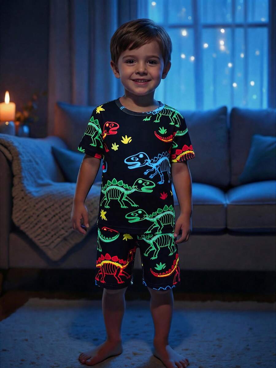 SHEIN [Random 3 Sets,Send 1 Sets] Young Boy Glow-In-The-Dark Dinosaur Print Snug Fit Short Sleeve Shorts Knit Soft & Breathable 2-Piece Pajama Set Summer
