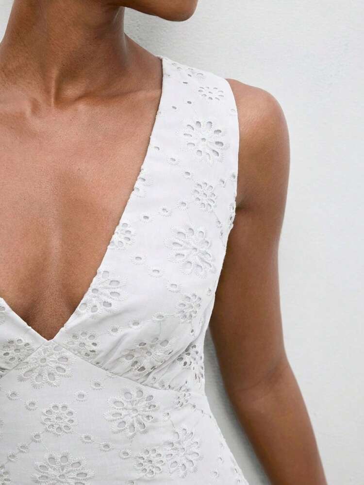 SHEIN Maija Women's Vacation Casual Solid Color Hollow Embroidery Twist Back Mid-Length Dress