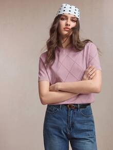 BizChic Top de punto de manga corta de unicolor versátil y casual - Morado - Ver 6