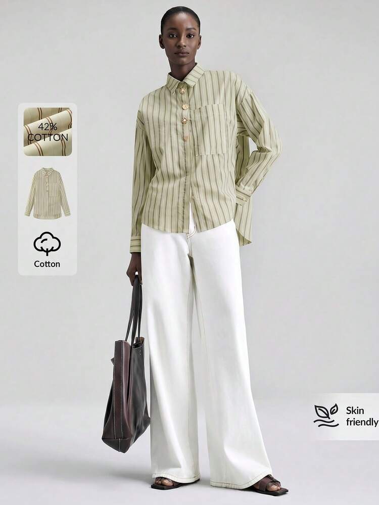 Women's Comfortable And Skin-Friendly Striped Shirt, Loose Fit, Turndown Collar, Long Sleeve, Metal Button Decor, Casual Urban Business Wear, Elegant And Sophisticated, High-Quality Designer Series All-Season Versatile Modern Urban Fashion Business Casual Women's Wear Office Attire Understated Old-Money Style, Elegant And Sophisticated, High-Quality Commuter And Airport Clothes