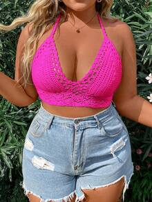 SHEIN MOOSTA Plus Size Women Handmade Crochet Neck Tie Beach Cover Up Knitted Cover Up For Summer Beach Vacation - Hot Pink - View 4