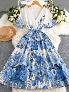 EMERY ROSE 大码女式蓝白浪漫度假X型V领短袖碎花印花松紧腰连衣裙 - 藍色 - 查看 1