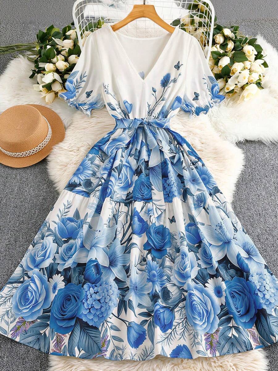 EMERY ROSE 大码女式蓝白浪漫度假X型V领短袖碎花印花松紧腰连衣裙 - 藍色 - 查看 1